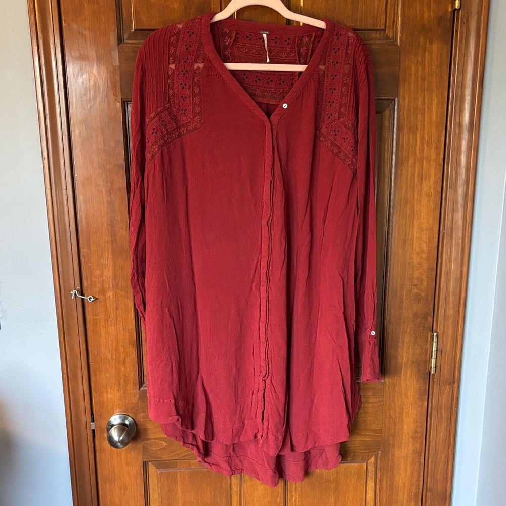 Free People Women's Red Button-Up Top Size Large